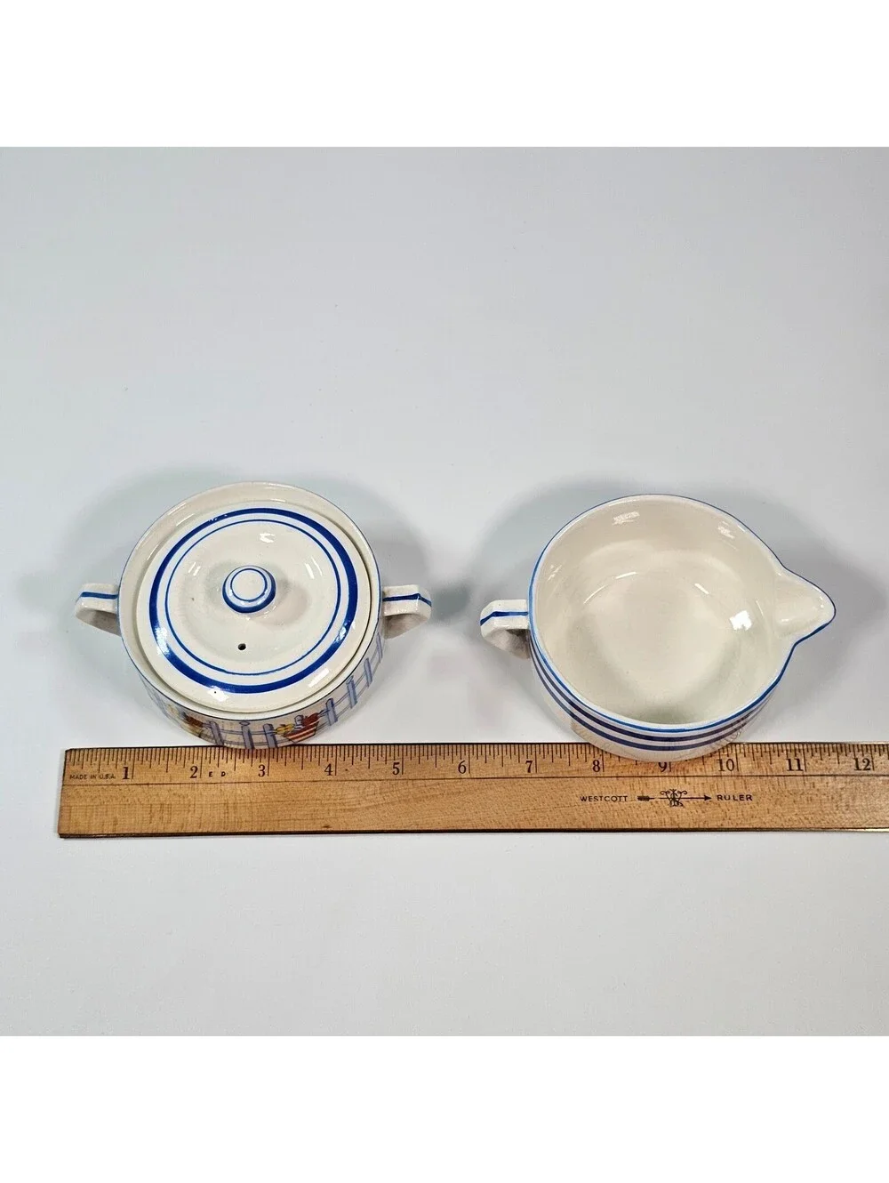 Vintage Sunnyside Japan Sugar Creamer Set Picket Fence Floral Blue White Ceramic